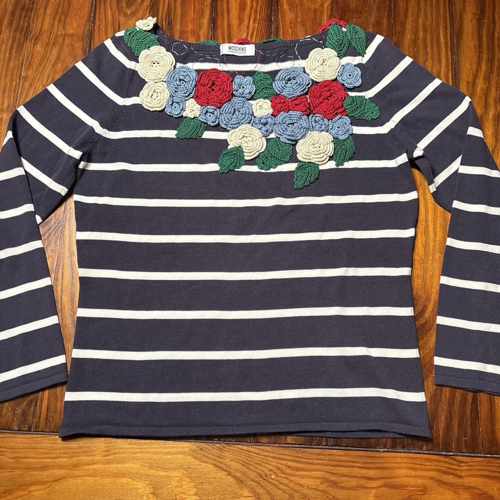 Moschino Cheap & Chic Striped Rose Floral Appliqué Crochet Pullover Sweater 10